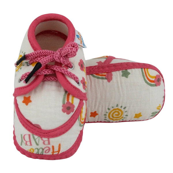 Baby Unisex Flower & Circle Muslin White,Pink Velcro Shoe Booties-BT5560