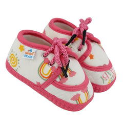 Baby Unisex Flower & Circle Muslin White,Pink Velcro Shoe Booties-BT5560