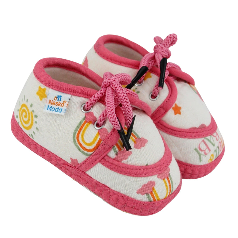 Baby Unisex Flower & Circle Muslin White,Pink Velcro Shoe Booties-BT5560