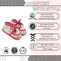 Baby Unisex Flower & Circle Muslin White,Pink Velcro Shoe Booties-BT5560