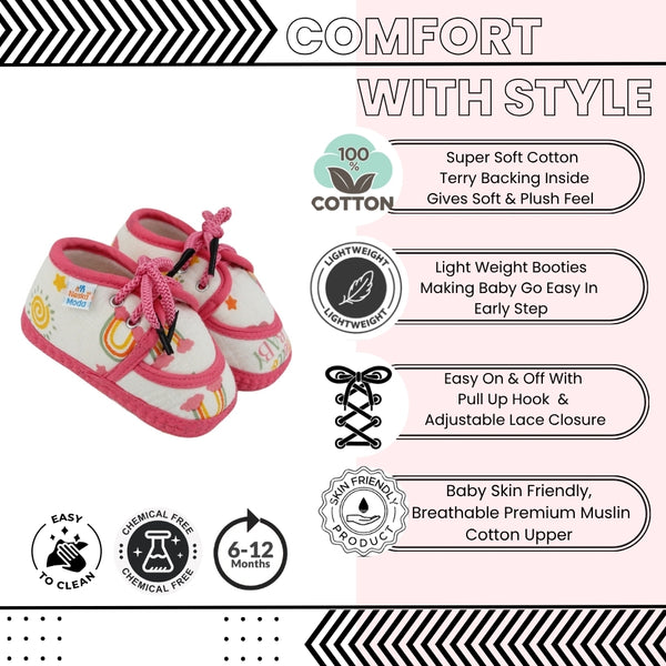 Baby Unisex Flower & Circle Muslin White,Pink Velcro Shoe Booties-BT5560