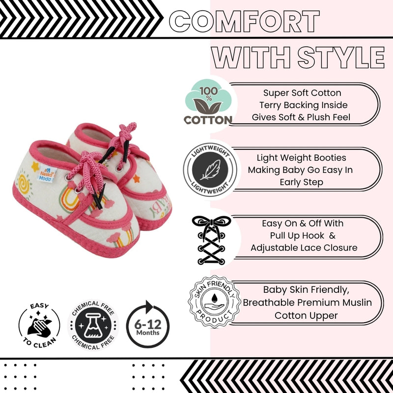 Baby Unisex Flower & Circle Muslin White,Pink Velcro Shoe Booties-BT5560