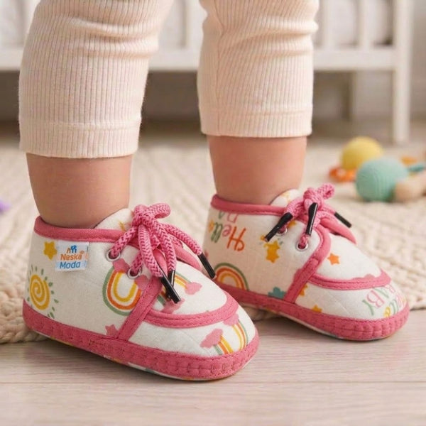 Baby Unisex Flower & Circle Muslin White,Pink Velcro Shoe Booties-BT5560