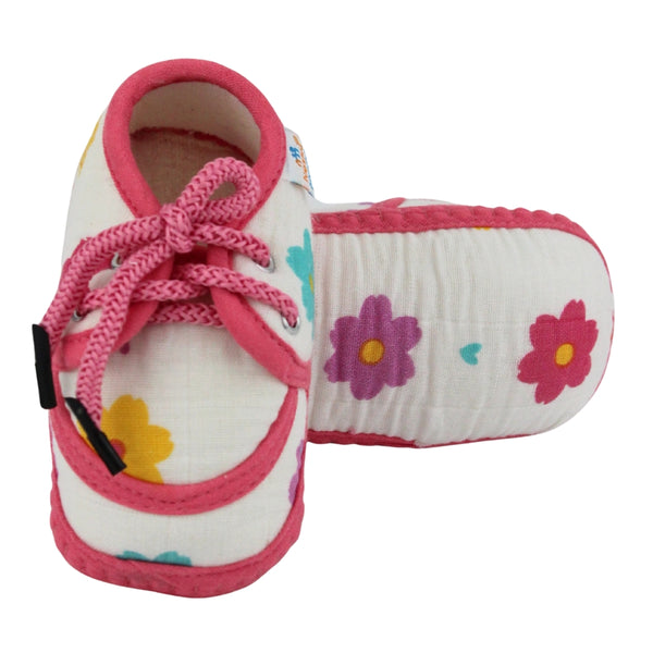 Baby Unisex Flower & Circle Muslin White,Pink Velcro Shoe Booties-BT5561