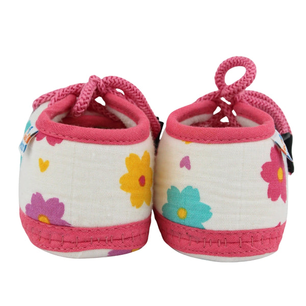 Baby Unisex Flower & Circle Muslin White,Pink Velcro Shoe Booties-BT5561