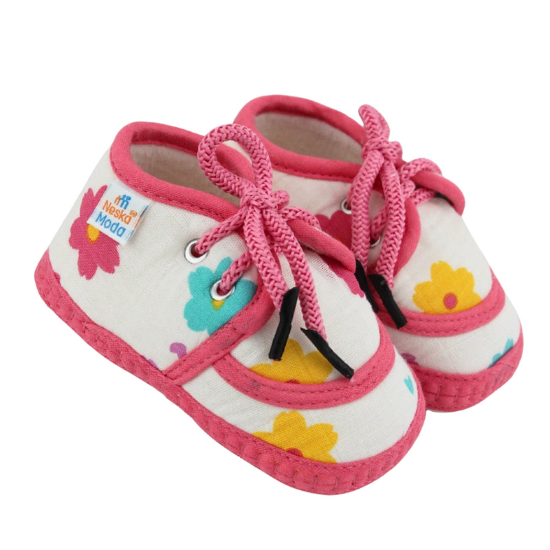 Baby Unisex Flower & Circle Muslin White,Pink Velcro Shoe Booties-BT5561