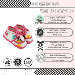 Baby Unisex Flower & Circle Muslin White,Pink Velcro Shoe Booties-BT5561