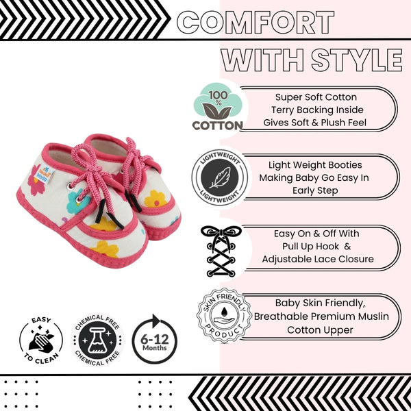 Baby Unisex Flower & Circle Muslin White,Pink Velcro Shoe Booties-BT5561