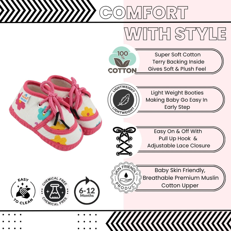 Baby Unisex Flower & Circle Muslin White,Pink Velcro Shoe Booties-BT5561
