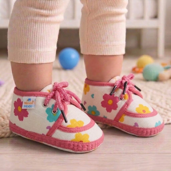 Baby Unisex Flower & Circle Muslin White,Pink Velcro Shoe Booties-BT5561