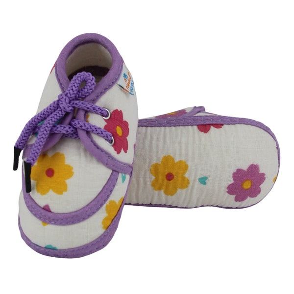 Baby Unisex Flower & Circle Muslin White,Purple Velcro Shoe Booties-BT5562