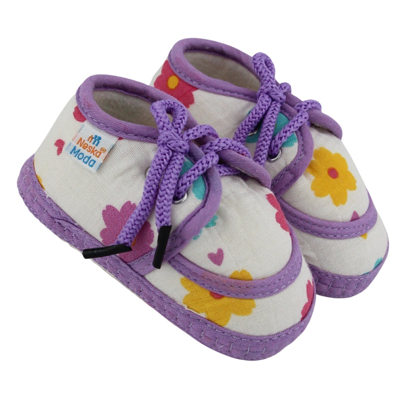 Baby Unisex Flower & Circle Muslin White,Purple Velcro Shoe Booties-BT5562