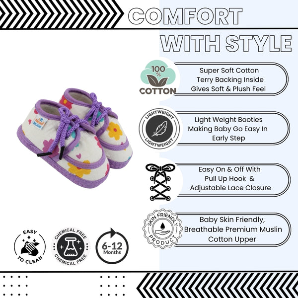 Baby Unisex Flower & Circle Muslin White,Purple Velcro Shoe Booties-BT5562