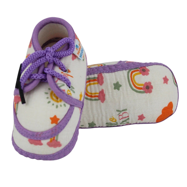 Baby Unisex Flower & Circle Muslin White,Purple Velcro Shoe Booties-BT5563