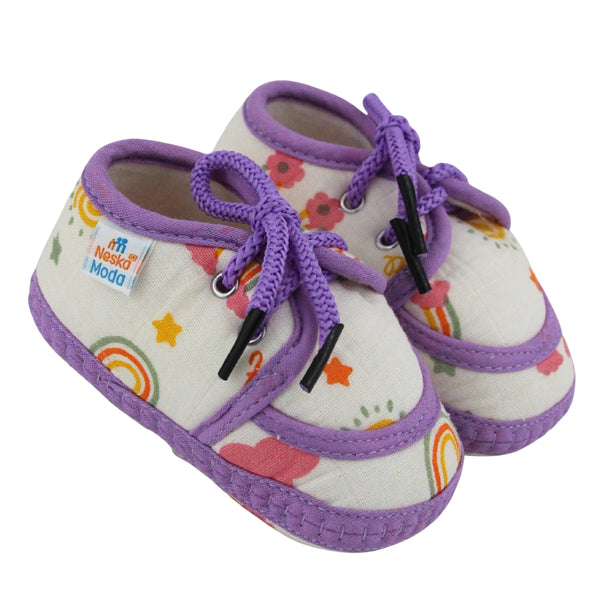 Baby Unisex Flower & Circle Muslin White,Purple Velcro Shoe Booties-BT5563