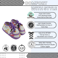 Baby Unisex Flower & Circle Muslin White,Purple Velcro Shoe Booties-BT5563