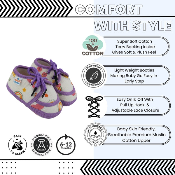 Baby Unisex Flower & Circle Muslin White,Purple Velcro Shoe Booties-BT5563