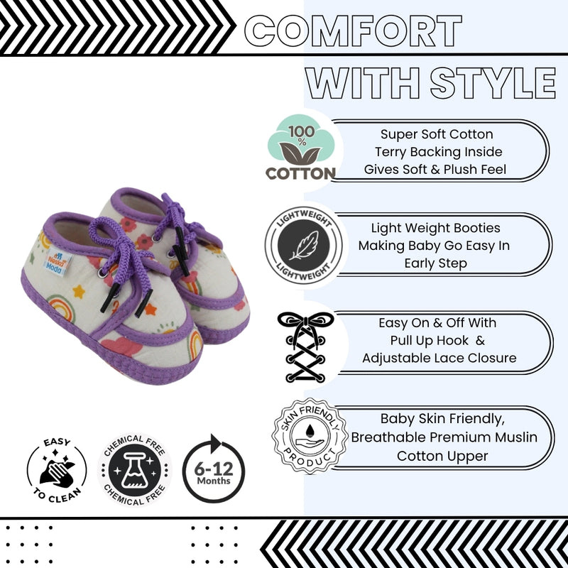 Baby Unisex Flower & Circle Muslin White,Purple Velcro Shoe Booties-BT5563
