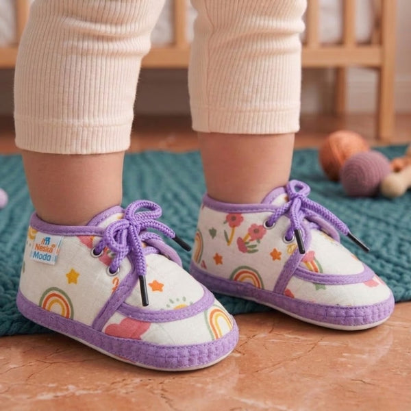 Baby Unisex Flower & Circle Muslin White,Purple Velcro Shoe Booties-BT5563