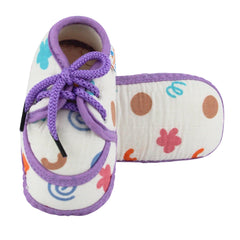 Baby Unisex Flower & Circle Muslin White,Purple Velcro Shoe Booties-BT5564