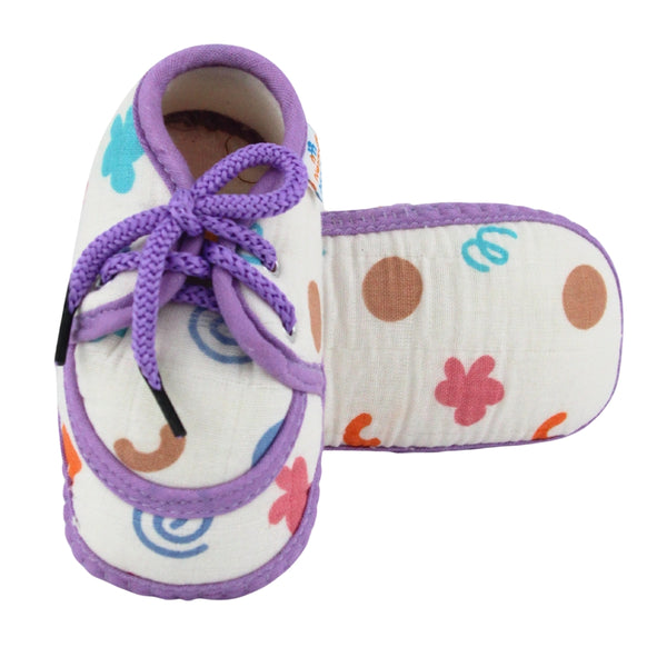 Baby Unisex Flower & Circle Muslin White,Purple Velcro Shoe Booties-BT5564