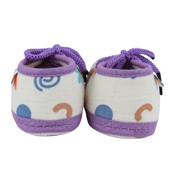 Baby Unisex Flower & Circle Muslin White,Purple Velcro Shoe Booties-BT5564