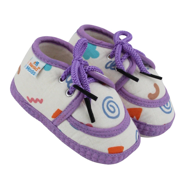 Baby Unisex Flower & Circle Muslin White,Purple Velcro Shoe Booties-BT5564