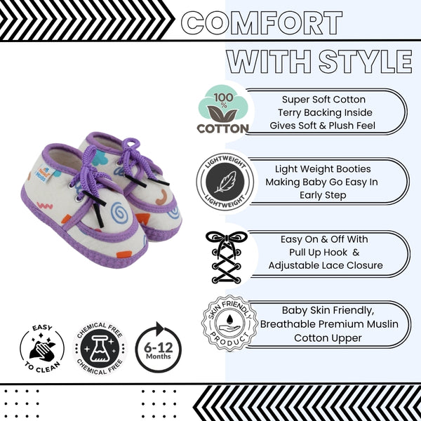 Baby Unisex Flower & Circle Muslin White,Purple Velcro Shoe Booties-BT5564
