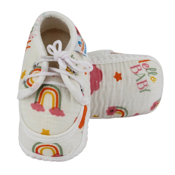 Baby Unisex Star & Rainbow Muslin Lace White Velcro Shoe Booties-BT5565