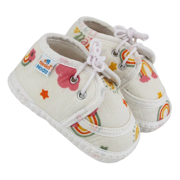 Baby Unisex Star & Rainbow Muslin Lace White Velcro Shoe Booties-BT5565