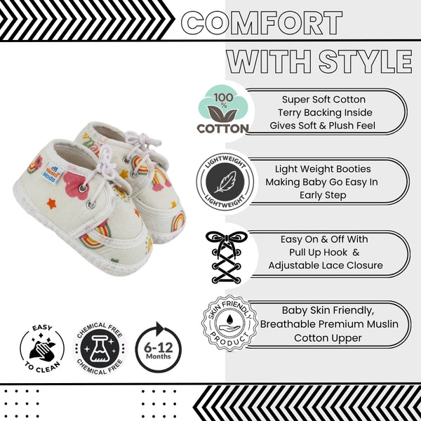 Baby Unisex Star & Rainbow Muslin Lace White Velcro Shoe Booties-BT5565