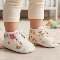 Baby Unisex Star & Rainbow Muslin Lace White Velcro Shoe Booties-BT5565