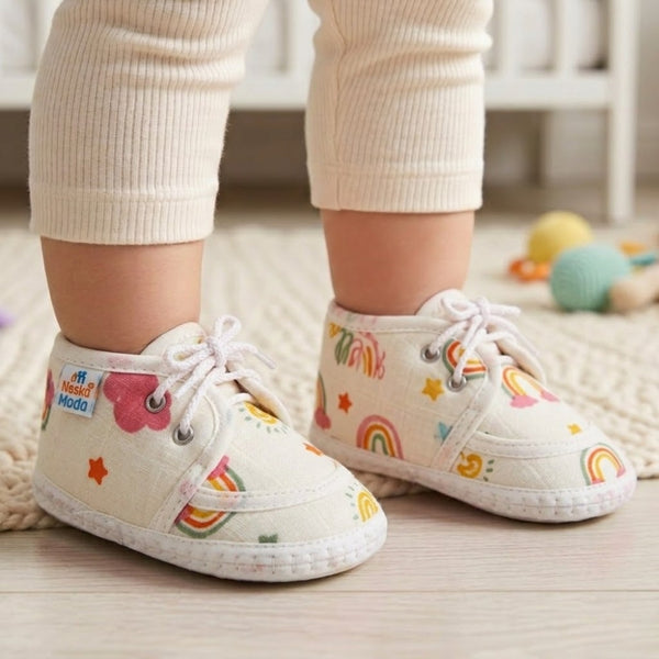 Baby Unisex Star & Rainbow Muslin Lace White Velcro Shoe Booties-BT5565