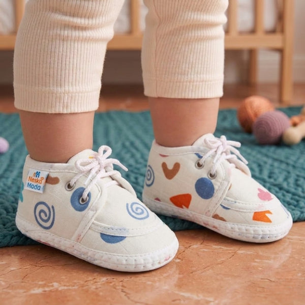 Baby Unisex Star & Rainbow Muslin Lace White Velcro Shoe Booties-BT5566