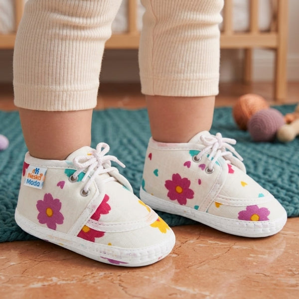 Baby Unisex Star & Rainbow Muslin Lace White Velcro Shoe Booties-BT5567