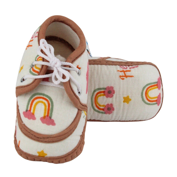 Baby Unisex Star & Rainbow Muslin Lace White,Brown Velcro Shoe Booties-BT5568