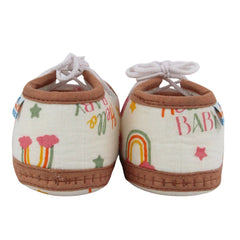 Baby Unisex Star & Rainbow Muslin Lace White,Brown Velcro Shoe Booties-BT5568