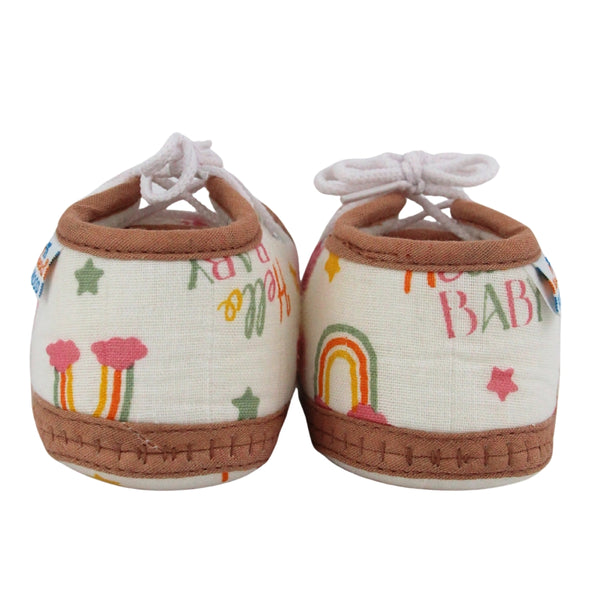 Baby Unisex Star & Rainbow Muslin Lace White,Brown Velcro Shoe Booties-BT5568