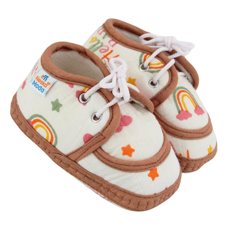Baby Unisex Star & Rainbow Muslin Lace White,Brown Velcro Shoe Booties-BT5568