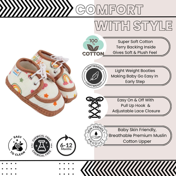 Baby Unisex Star & Rainbow Muslin Lace White,Brown Velcro Shoe Booties-BT5568
