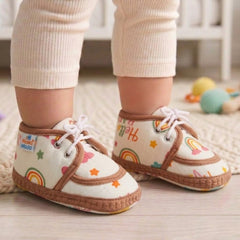 Baby Unisex Star & Rainbow Muslin Lace White,Brown Velcro Shoe Booties-BT5568