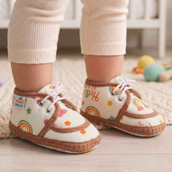 Baby Unisex Star & Rainbow Muslin Lace White,Brown Velcro Shoe Booties-BT5568