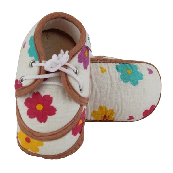 Baby Unisex Star & Rainbow Muslin Lace White,Brown Velcro Shoe Booties-BT5569