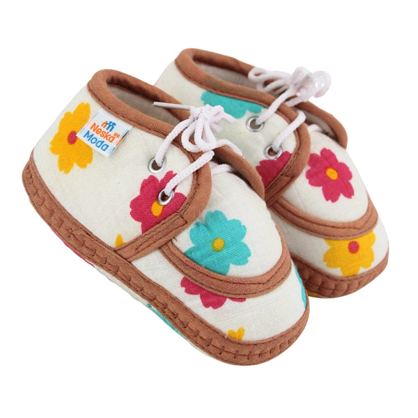 Baby Unisex Star & Rainbow Muslin Lace White,Brown Velcro Shoe Booties-BT5569