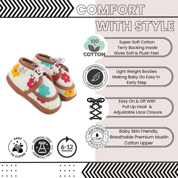 Baby Unisex Star & Rainbow Muslin Lace White,Brown Velcro Shoe Booties-BT5569