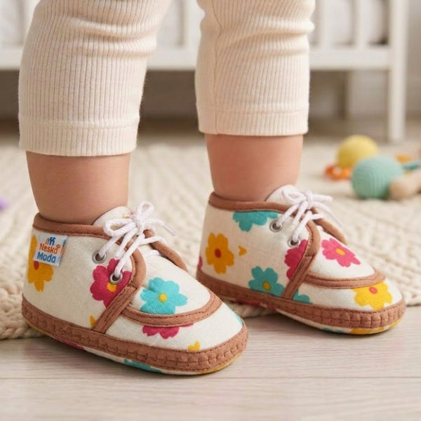 Baby Unisex Star & Rainbow Muslin Lace White,Brown Velcro Shoe Booties-BT5569