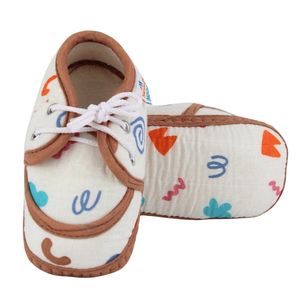 Baby Unisex Star & Rainbow Muslin Lace White,Brown Velcro Shoe Booties-BT5570