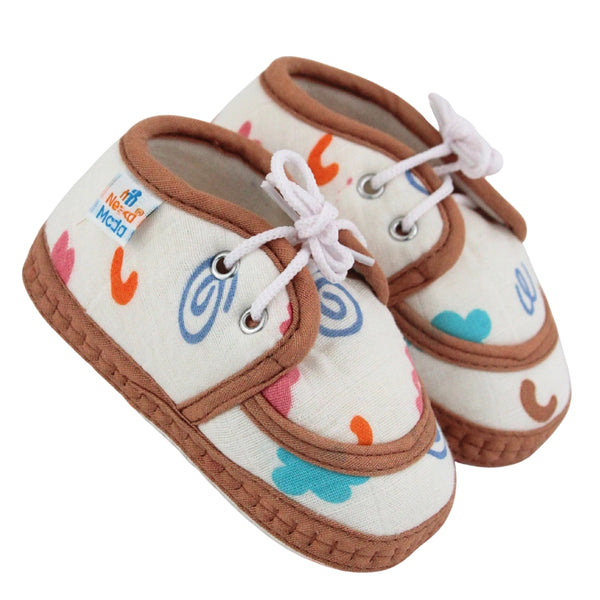 Baby Unisex Star & Rainbow Muslin Lace White,Brown Velcro Shoe Booties-BT5570