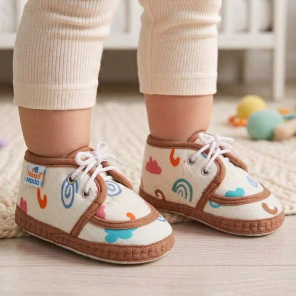 Baby Unisex Star & Rainbow Muslin Lace White,Brown Velcro Shoe Booties-BT5570
