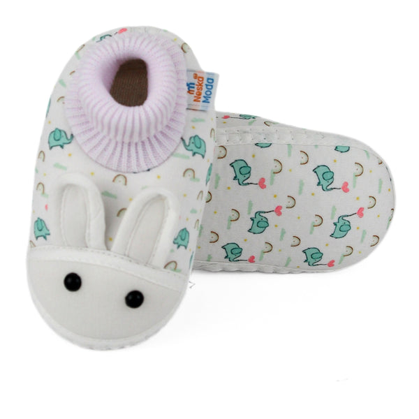Baby Unisex Elephant Printed Soft Cotton Pre-Walker White,Green Rabbit Face Shoe Booties-BT5572